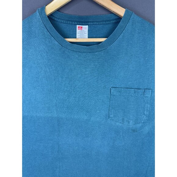 Vintage 90's Hanes Blank Pocket Shirt Teal Single Stitch Fade Design Streetwear - Picture 3 of 11